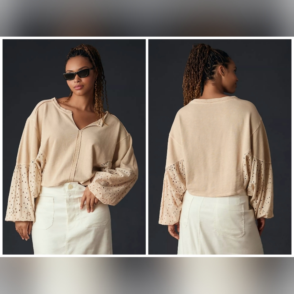 NWT Anthropologie Pilcro Batwing Eyelet Sweatshirt in Sand